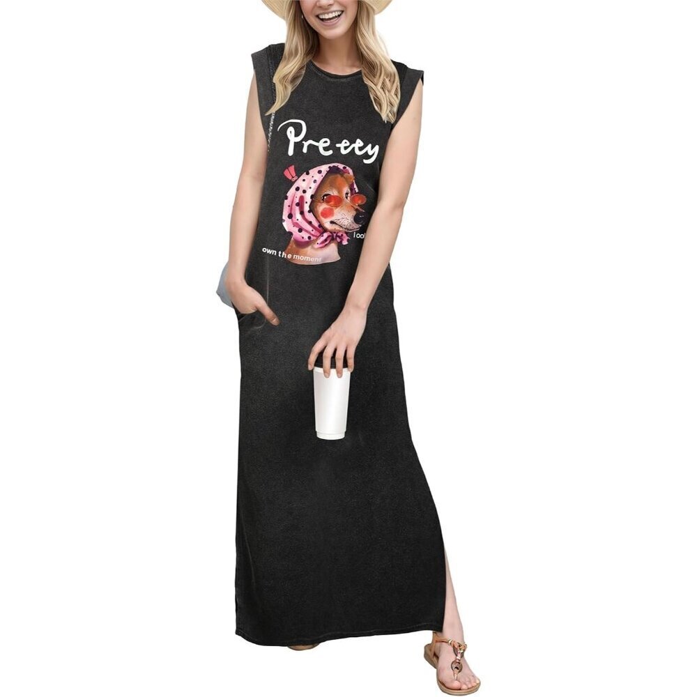 Grecerelle Women Pretty Dog Round Neck Loose Split Wrinkle-Free Long Maxi Dress